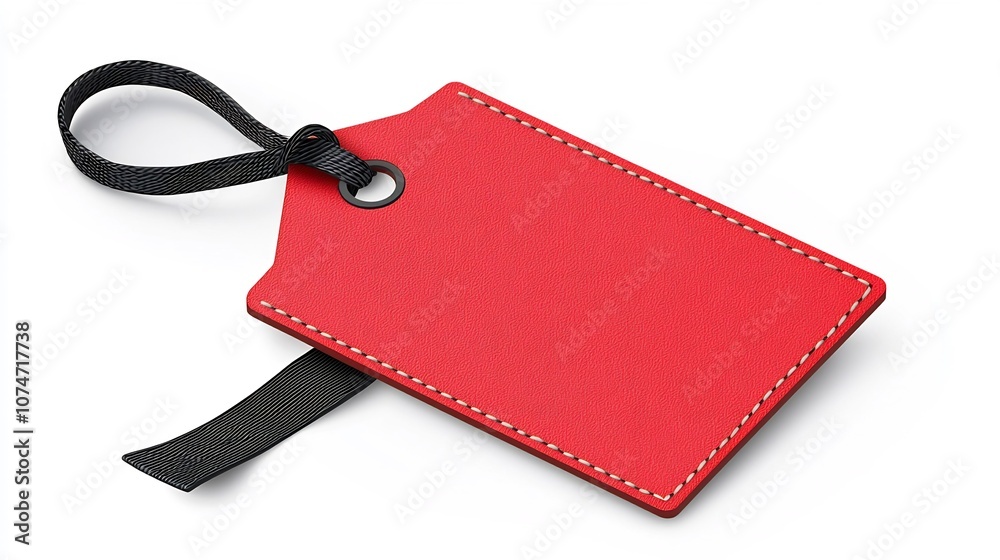 Leinwandbilder closeup of a red rectangular tag with one corner rounded and a black strap threaded through a hole f