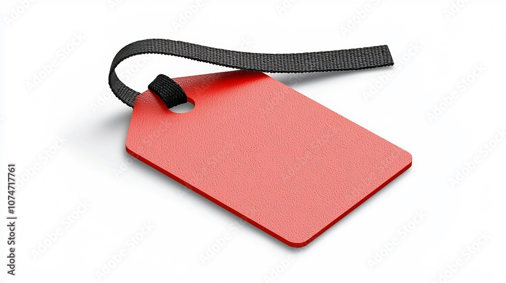 Poster sleek and minimalist red rectangular tag with a single rounded corner and a black strap passing thro