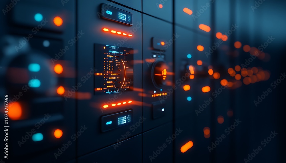 Poster A close-up view of a digital server panel showcasing glowing buttons and displays, highlighting advanced technology in a modern data center.