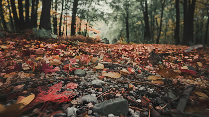 Obraz premium Colorful autumn leaves and pebbles cover a forest path, surrounded by trees in a serene outdoor landscape.