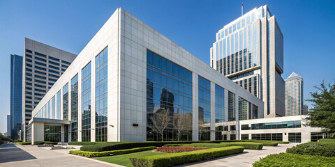 Modern Corporate Headquarters Sleek Glass Facade, White Exterior, Landscaped Grounds, and Sunset Reflection V2