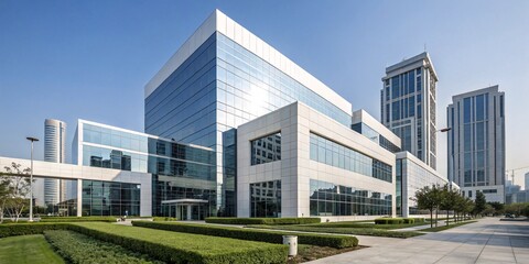 Modern Corporate Headquarters Sleek Glass Facade, White Exterior, Landscaped Grounds, and Sunset Reflection V3