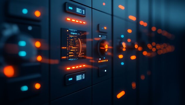 A close-up view of a digital server panel showcasing glowing buttons and displays, highlighting advanced technology in a modern data center. - Powered by Adobe