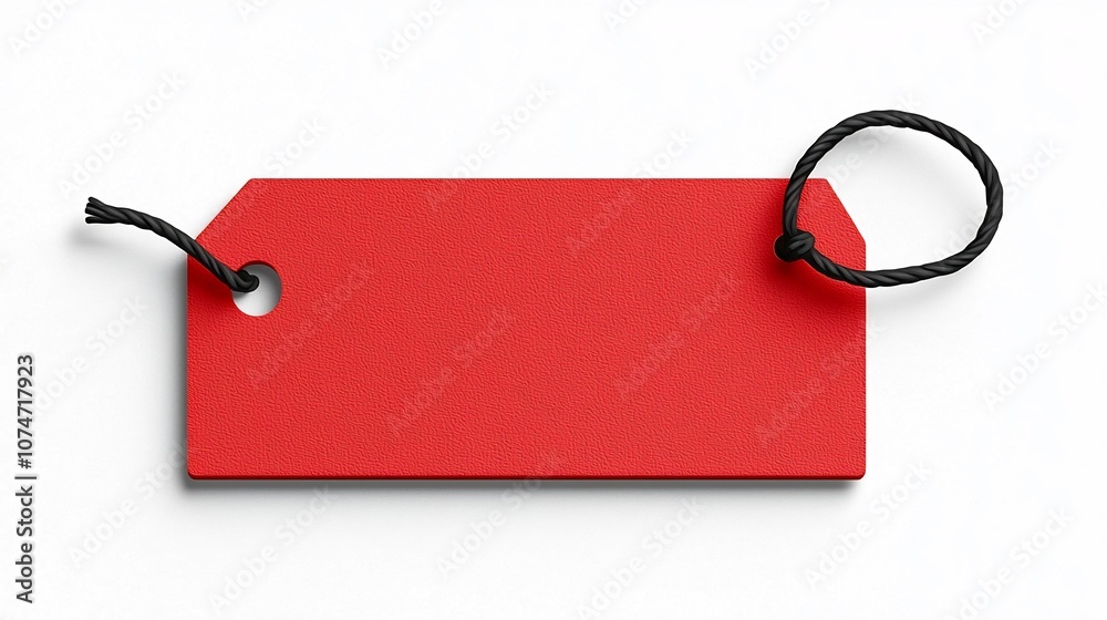 Leinwandbilder Minimalist of a Simple Red Rectangular Tag with Rounded Edges and a Black Cord Threaded Through a Corner Hole on a White Background Ideal for Product Labeling and Hanging Accessories