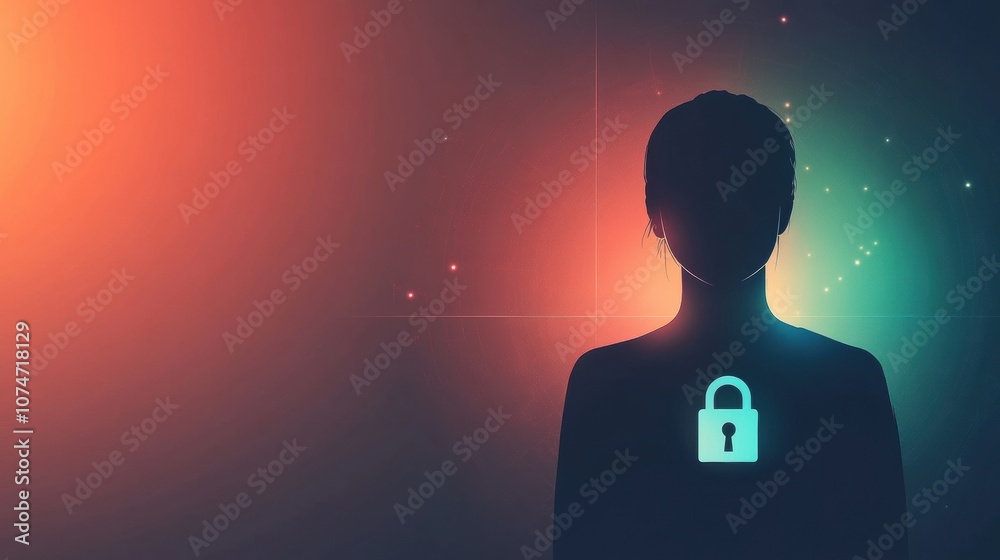 Poster a person’s silhouette stands out against a vibrant digital backdrop featuring a lock symbol, symboli