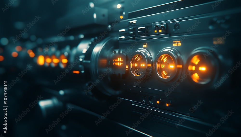 Aufkleber A close-up of illuminated control buttons and dials on a futuristic device, showcasing a sleek design and vibrant orange lights against a dark background.
