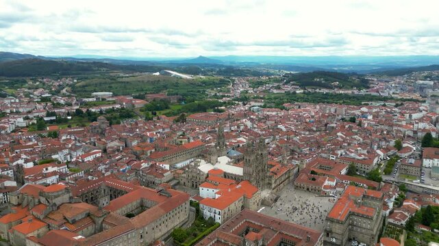 Panoramic aerial view of Santiago de Compostela city. View of famous Cathedral of Santiago. The cathedral is the reputed burial place of Saint James the Great, one of the apostles of Jesus Christ.