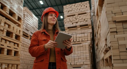 Female construction worker in a hard hat using a tablet in a warehouse filled with construction materials, showcasing digital tools for inventory management and site efficiency