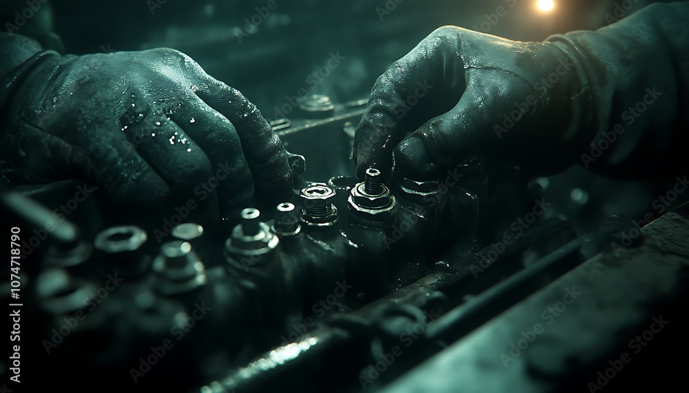 Leinwandbilder a close-up of hands working on a mechanical engine component, emphasizing detailed craftsmanship in 