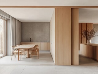 A large open room with a wooden door and a table with chairs