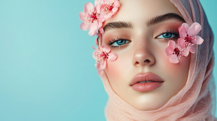 Fototapeta premium Beautiful young muslim woman with flowers and petals on her face. Beauty parlor horizontal banner concept, copyspace Blue background. 