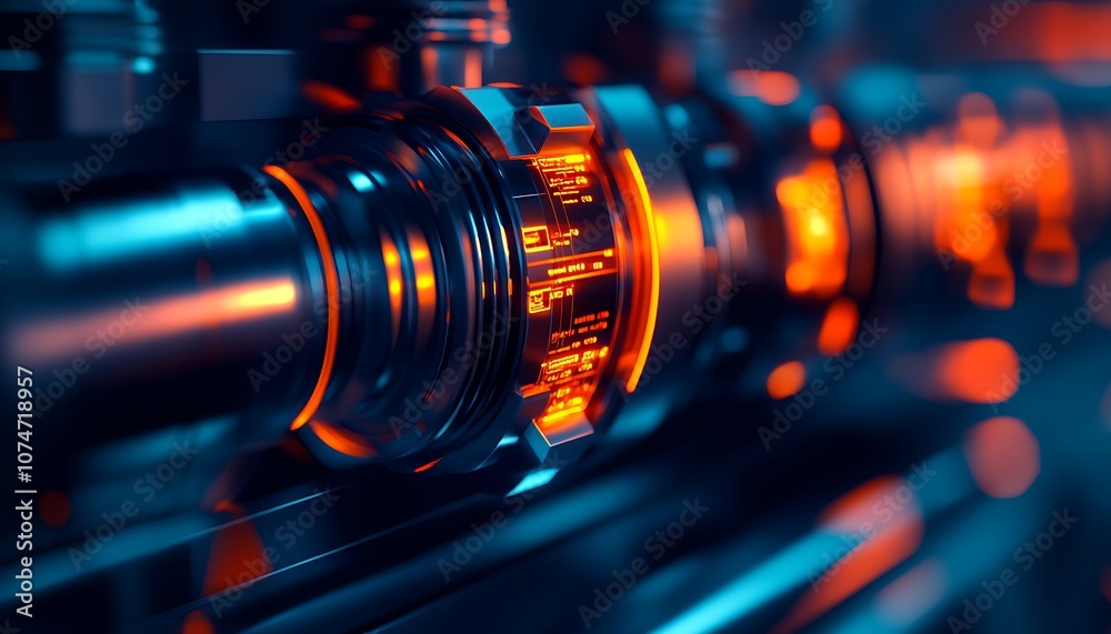 Aufkleber a close-up of a futuristic metallic component with glowing orange accents, showcasing intricate deta