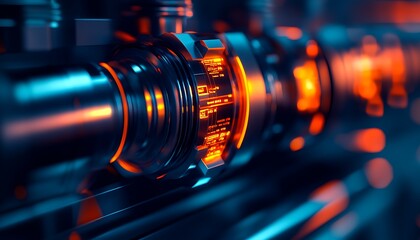 A close-up of a futuristic metallic component with glowing orange accents, showcasing intricate details and advanced technology.