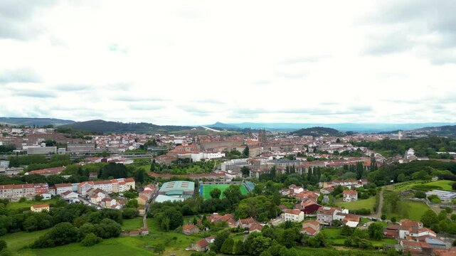 Panoramic aerial view of Santiago de Compostela city. Cathedral of Santiago in the middle. The cathedral is the reputed burial place of Saint James the Great, one of the apostles of Jesus Christ. 