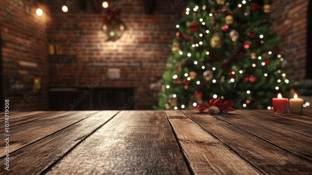 Poster a wooden table with a christmas tree in the background