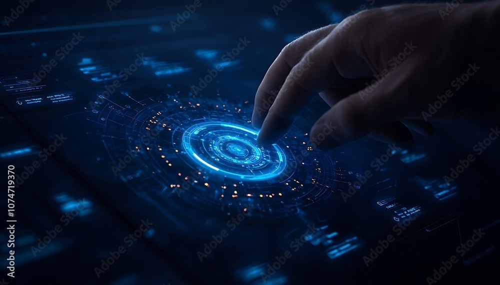 Aufkleber a hand hovers over a glowing, circular interface, showcasing a futuristic digital design with blue l