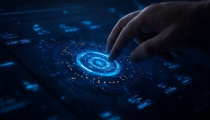 Obraz premium A hand hovers over a glowing, circular interface, showcasing a futuristic digital design with blue lights and intricate patterns.