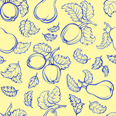 Seamless pattern with outline painting of pears and apples in blue retro style. Hand drawn monochrome watercolor illustration isolated on yellow background