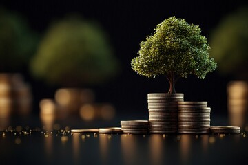 The connection between green trees and financial growth through coin stacks representing sustainable investment standards