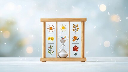 Vibrant and lively seasonal hourglass with a wooden frame each section decorated with symbols like blooming flowers sun rays falling leaves and snow