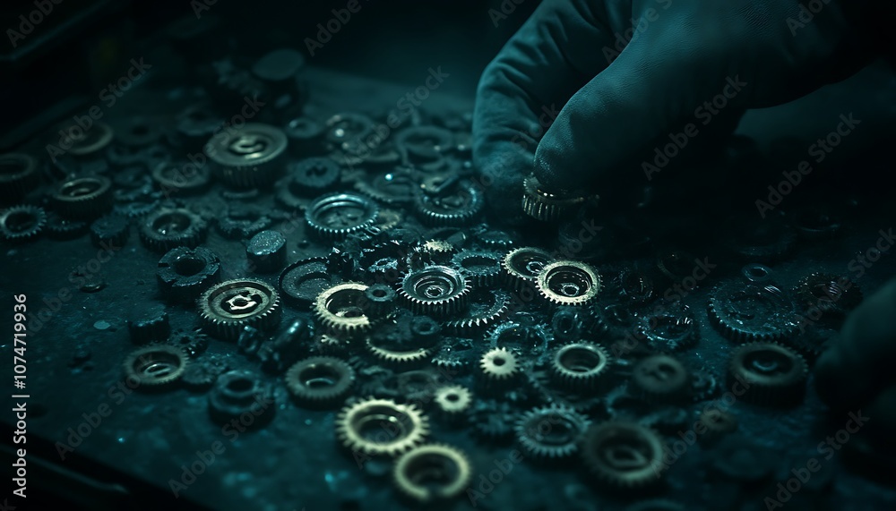 Fototapete A close-up of a gloved hand sorting through intricate metal gears and cogs on a dark surface, highlighting craftsmanship and mechanical detail.