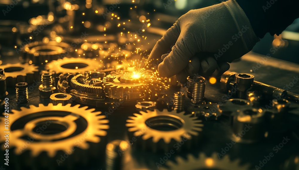 Fototapete A hand adjusts golden gears with sparks, symbolizing precision engineering and intricate mechanics in a workshop setting.