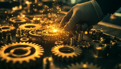 Obraz premium A hand adjusts golden gears with sparks, symbolizing precision engineering and intricate mechanics in a workshop setting.
