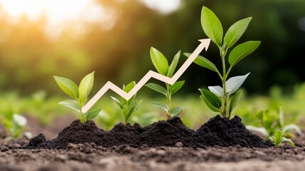 Fototapeta premium Growing plants with a rising graph symbolizing growth and development in a nature setting.