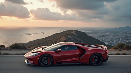 The sleek red sports car is positioned on a coastal road at sunset, showcasing its design against a backdrop of mountains and a distant city skyline