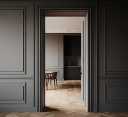 A doorway with a kitchen and dining room in the background