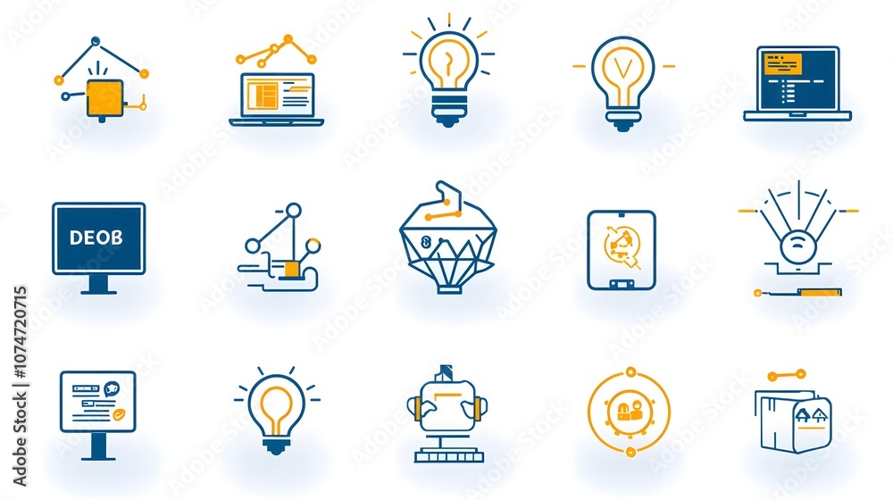 Leinwandbilder Comprehensive set of outline icons representing various tools processes and solutions for DevOps automation and infrastructure management  The icons feature a clean minimalist