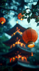 Obraz premium Serene lanterns illuminating a traditional pagoda at dusk, Vertical wallpaper
