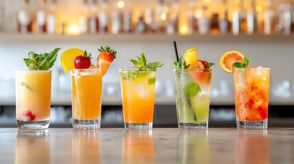 A row of colorful tropical cocktails with vibrant fruit and mint garnishes arranged on a polished wooden bar counter under soft warm lighting creating an inviting and refreshing atmosphere