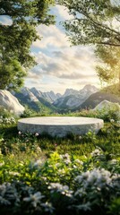 marble podium in front of nature background.  Stone tabletop podium floor in outdoors tropical garden forest blurred green leaf plant nature background