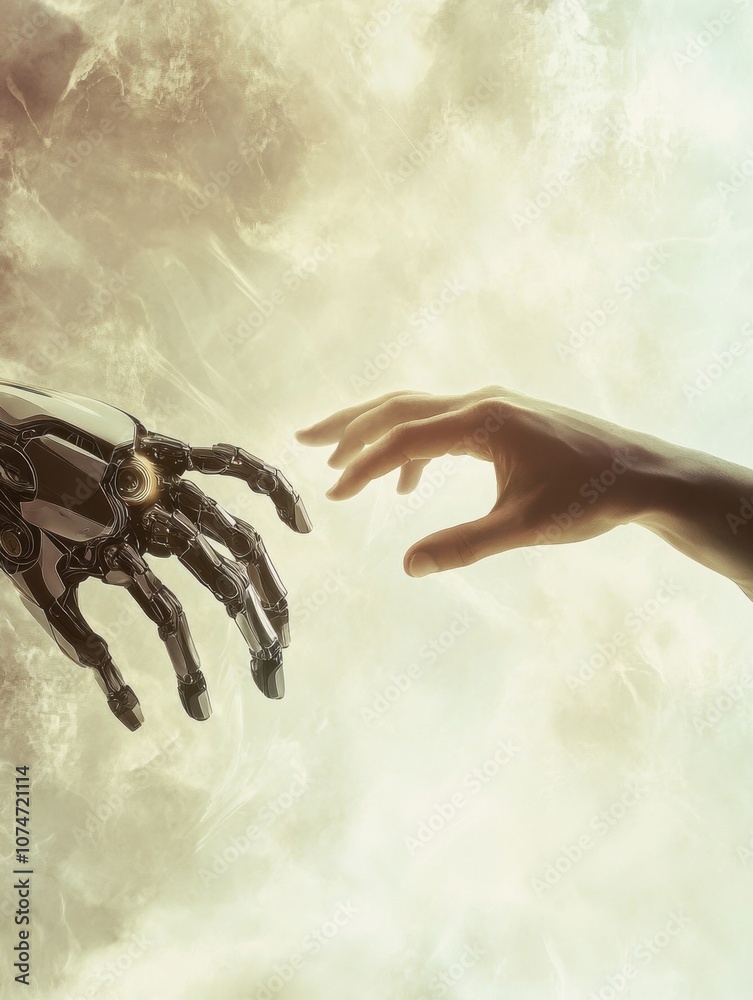 Poster a robotic hand reaches out to touch a human hand, symbolizing the connection and collaboration betwe