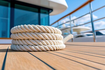 Explore the elegant design of a coiled rope on a luxury yacht deck in bright sunshine