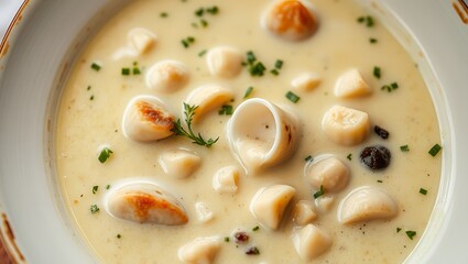 A bowl of creamy Clam Chowder with chunks of potatoes and herbs