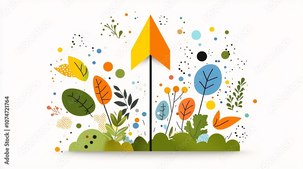 Poster Vibrant graphic depicting an upward arrow surrounded by a dynamic arrangement of natural elements including colorful leaves patterns and splashes of color symbolizing a sense of progress