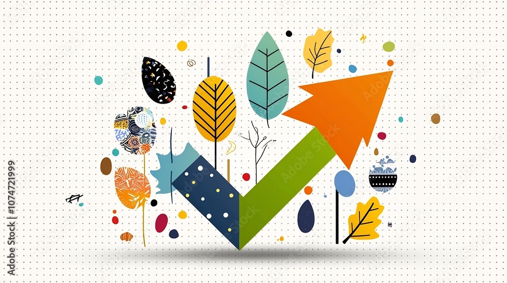 Poster vibrant and cheerful upward arrow graphic surrounded by lively leaves in shades of green yellow oran
