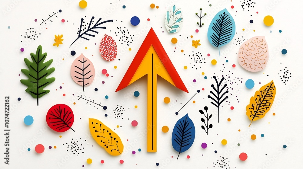 Poster vibrant upward arrow surrounded by a festive arrangement of natural elements including leaves in var