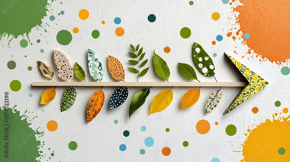 Aufkleber festive upward arrow graphic design with leaves colorful patterns and paint splatters on a lively ba