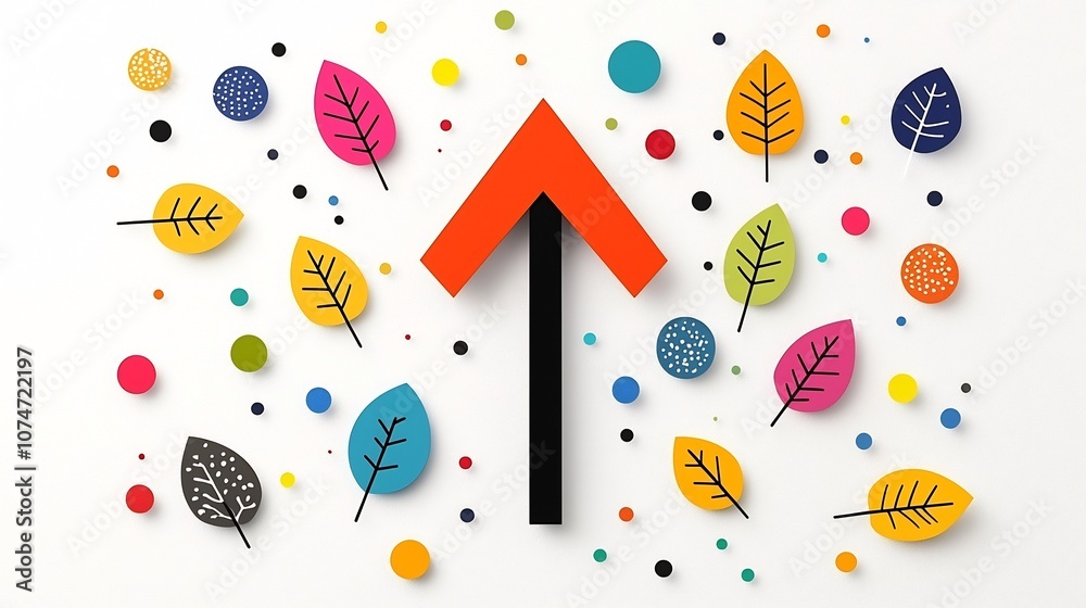 Poster Vibrant upward arrow surrounded by a festive display of colorful leaves and natural elements against a dynamic background of scattered digital dots and paint splashes symbolizing growth joy