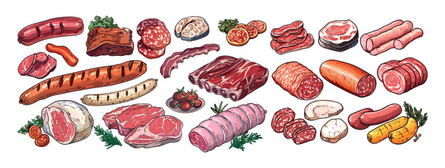 Meat products cartoon vector set. Hot dog sausages chicken poultry fillet bacon salami pork bbq steak beef lamb cow ribs, culinary fresh food isolated illustrations on white background