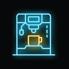 Neon glowing icon of coffee machine preparing a cup of coffee, isolated on a black background