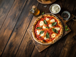 Classic Margherita Pizza with Fresh Basil and Mozzarella on Rustic Wood