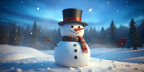 Obraz premium Cheerful Snowman in Winter Wonderland with Trees