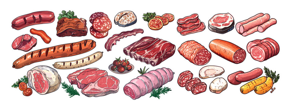 Meat products cartoon vector set. Hot dog sausages chicken poultry fillet bacon salami pork bbq steak beef lamb cow ribs, culinary fresh food isolated illustrations on white background