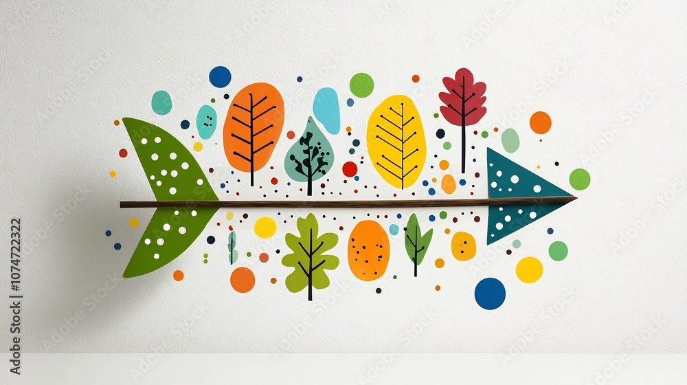 Poster upward pointing arrow design featuring a lively nature inspired motif with multicolored leaves in gr