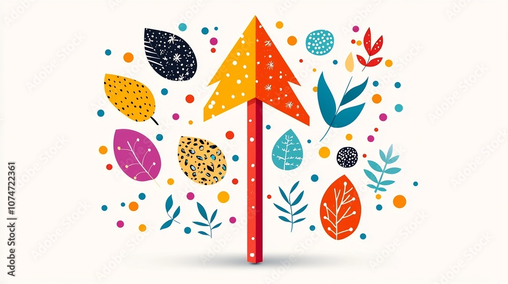 Leinwandbilder vibrant nature inspired graphic of an upward pointing arrow adorned with lively patterns leaves and 