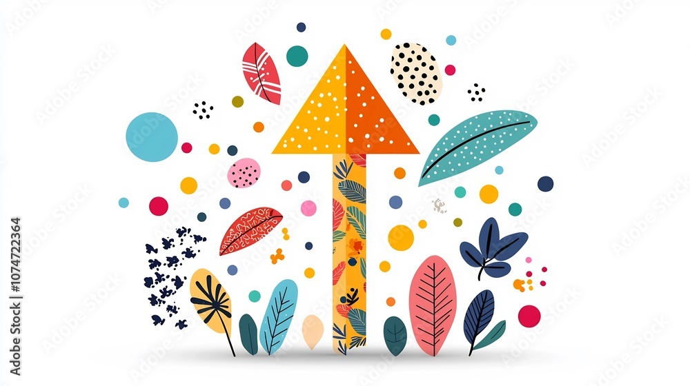 Poster Upward pointing arrow adorned with lively nature patterns leaves and vibrant splashes of color for a joyful dynamic graphic or design